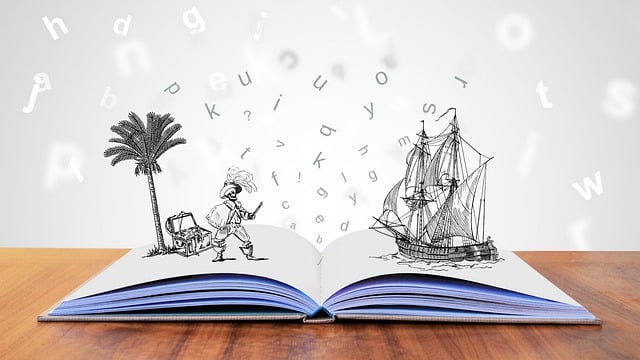 {Illustration eines geöffneten Buchs mit einem Segelschiff, einem Piraten, einer Schatzkiste und einer Palme, die aus dem geöffneten Buch hervorkommen}
